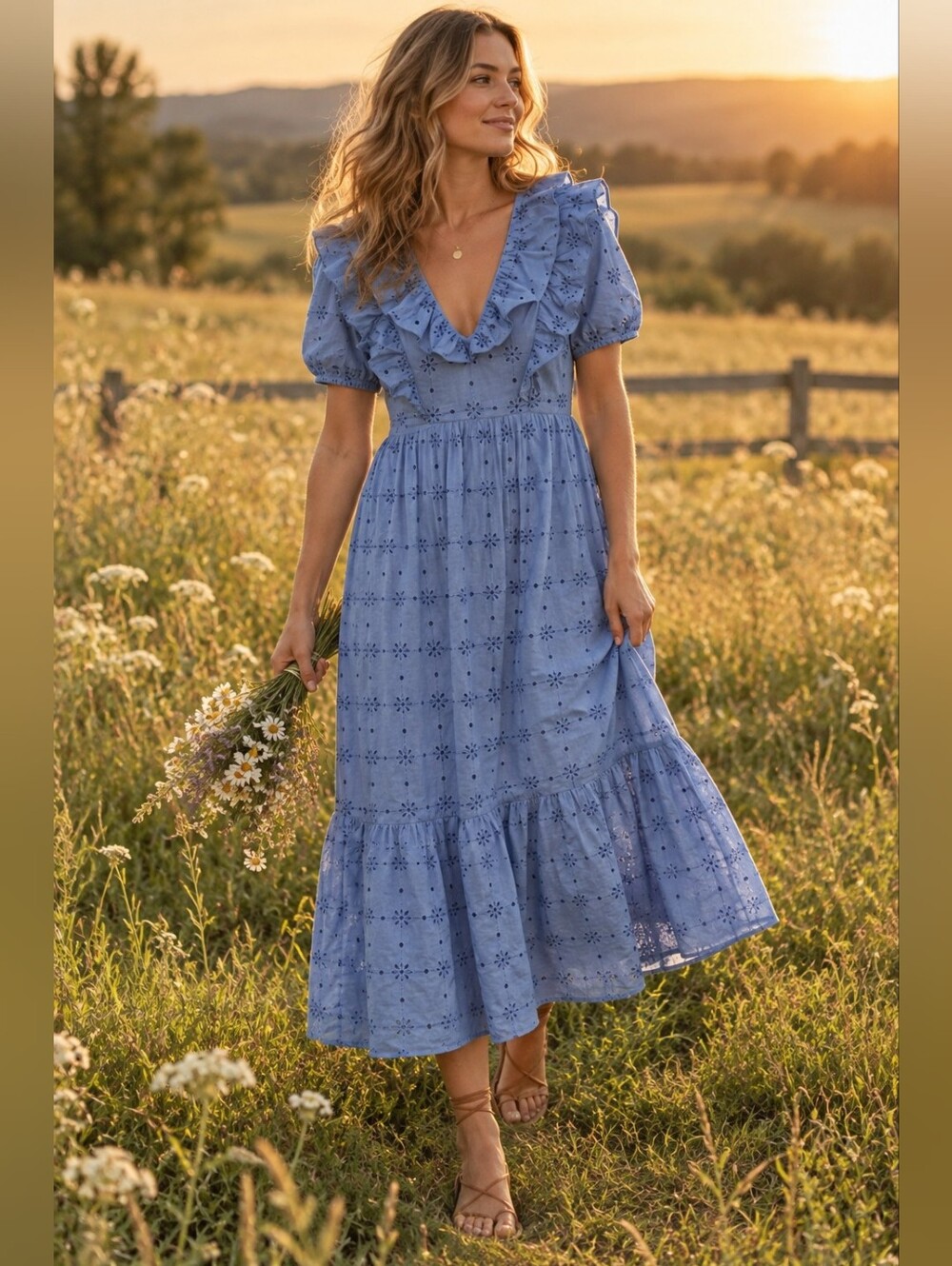 Zara Ruffled V-neck Embroidered Eyelet Midi Dress in Blue Cottagecore Women's M